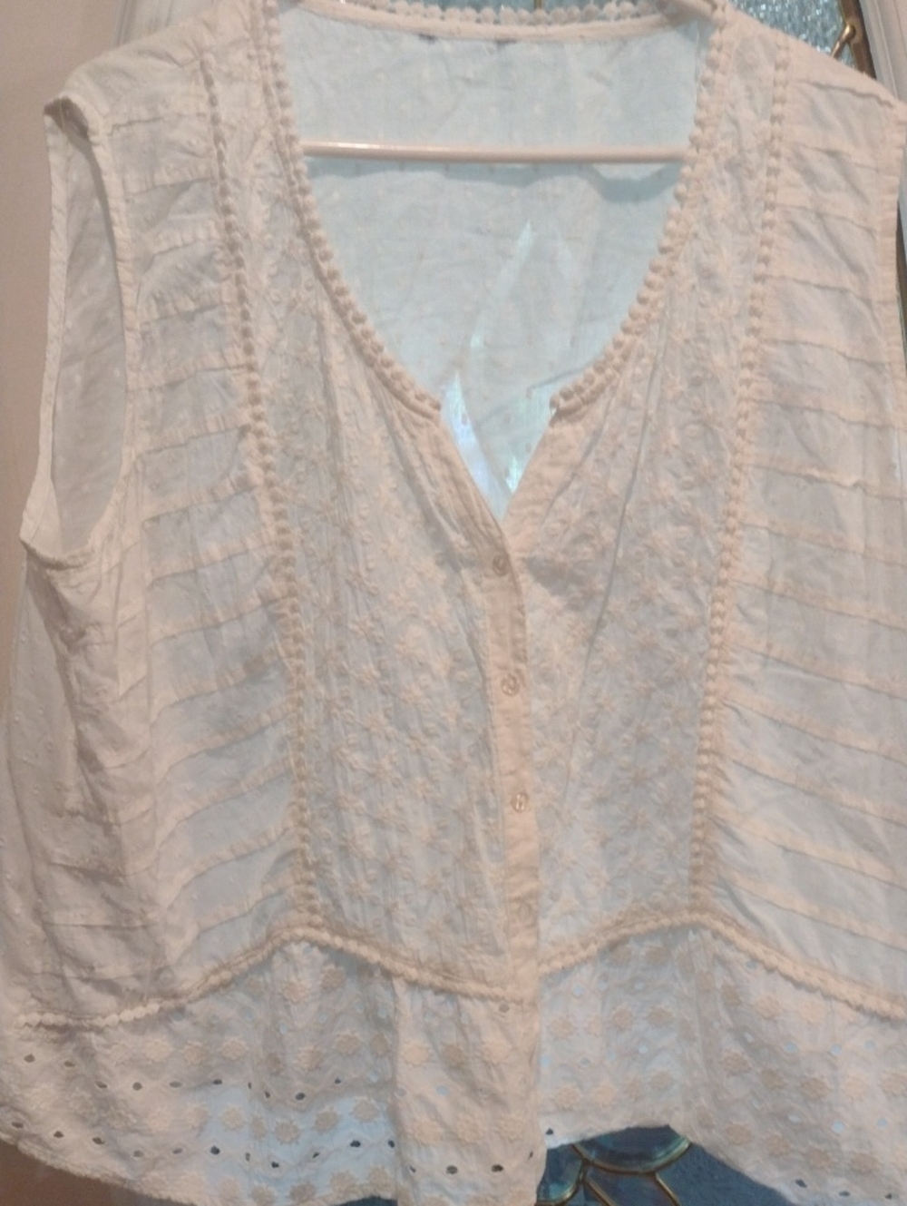 White Sleeveless Button-Front Eyelet Blouse